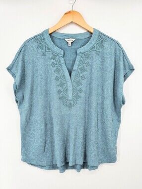 Orvis Women's XL Teal Blue Embroidered Split Neck Blouse Boho Textured Top